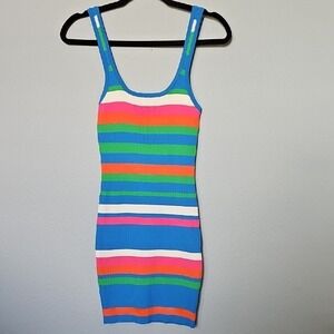 Dreamers By Debut Multi Colored Vibrant Striped Ribbed Bodycon Stretch Dress XS